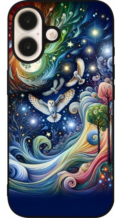 Coque iPhone 16 - Silicone rigide noir hibou volant floral