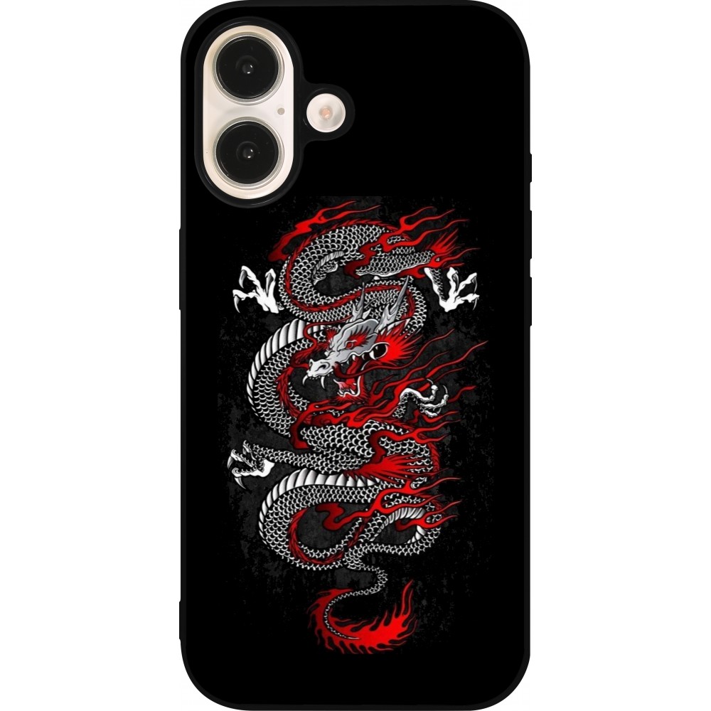Coque iPhone 16 - Silicone rigide noir Japanese style Dragon Tattoo Red Black