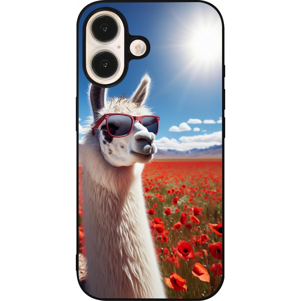 iPhone 16 Case Hülle - Silikon schwarz Lama Chic in Mohnblume