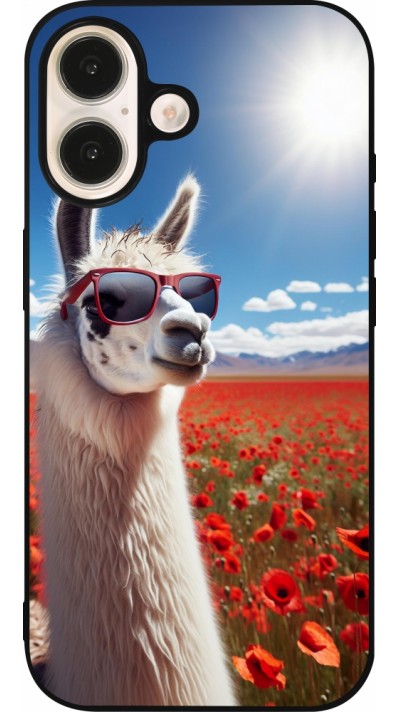 iPhone 16 Case Hülle - Silikon schwarz Lama Chic in Mohnblume
