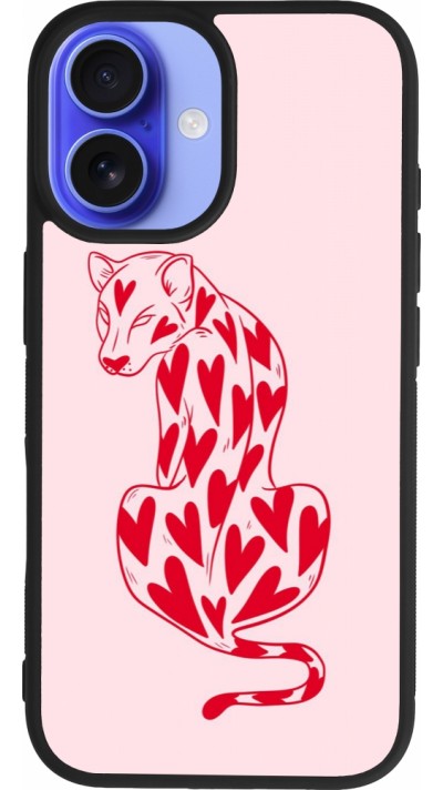 Coque iPhone 16 - Silicone rigide noir Leopard with hearts 2026
