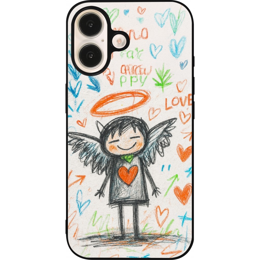 Coque iPhone 16 - Silicone rigide noir Little Angel Sketch Love