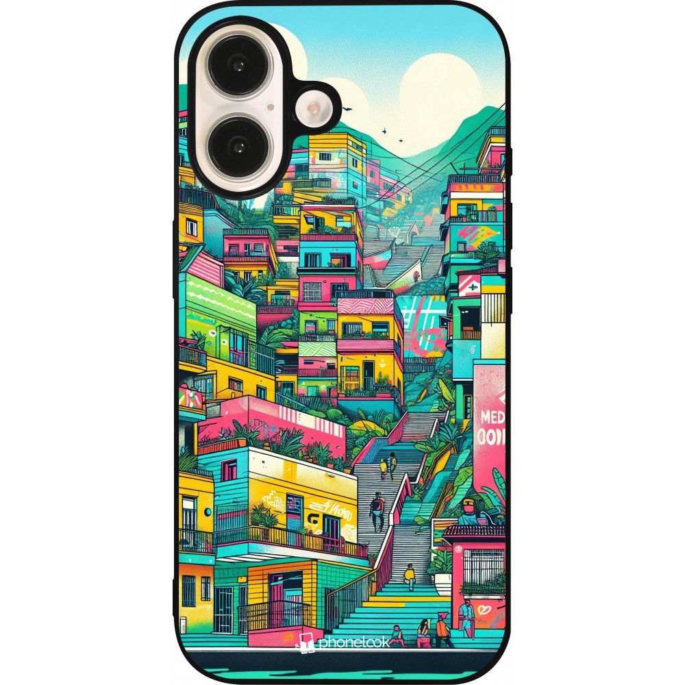 Coque iPhone 16 - Silicone rigide noir Medellin Comuna 13 Art