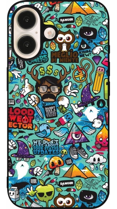 Coque iPhone 16 - Silicone rigide noir Mixed Cartoons Turquoise