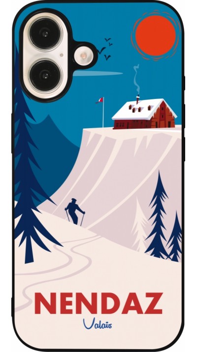 Coque iPhone 16 - Silicone rigide noir Nendaz Cabane Ski