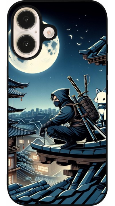 Coque iPhone 16 - Silicone rigide noir Ninja sous la lune