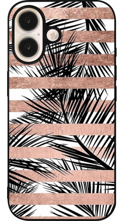 Coque iPhone 16 - Silicone rigide noir Palm trees gold stripes