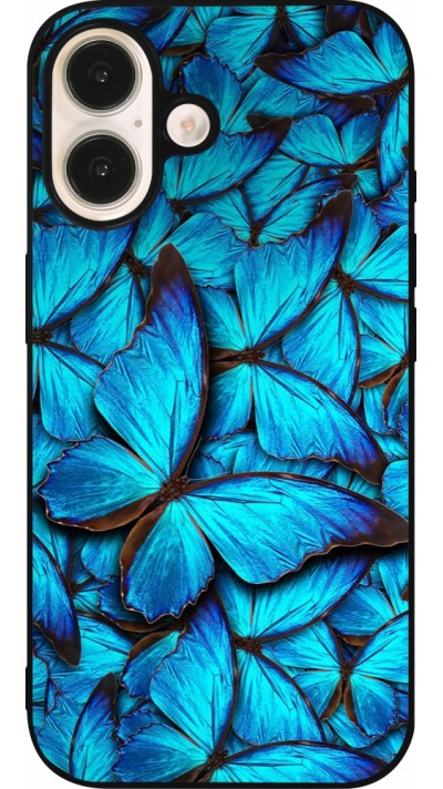 Coque iPhone 16 - Silicone rigide noir Papillon bleu