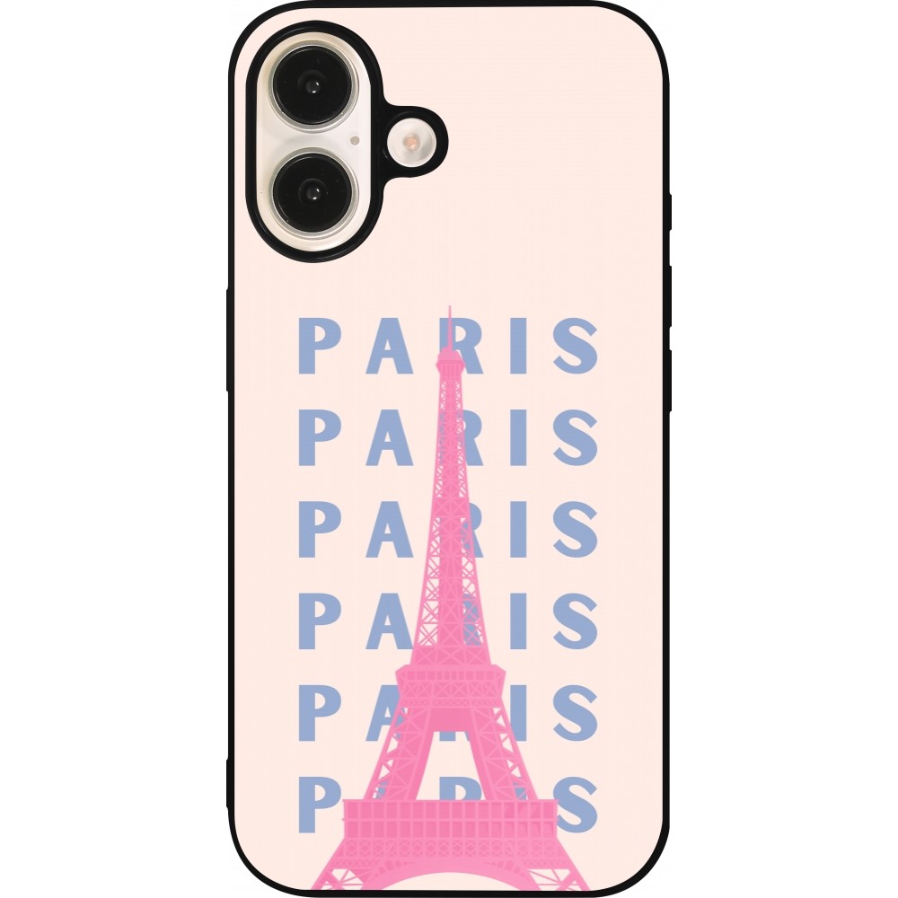 Coque iPhone 16 - Silicone rigide noir Paris Pink Print