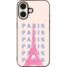 Coque iPhone 16 - Silicone rigide noir Paris Pink Print