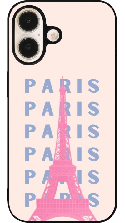 Coque iPhone 16 - Silicone rigide noir Paris Pink Print