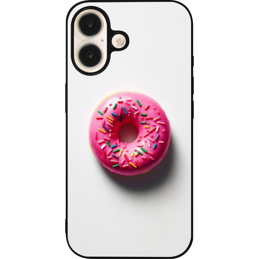 Coque iPhone 16 - Silicone rigide noir Weißer Hintergrund, pinker Donut