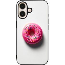 Coque iPhone 16 - Silicone rigide noir Weißer Hintergrund, pinker Donut