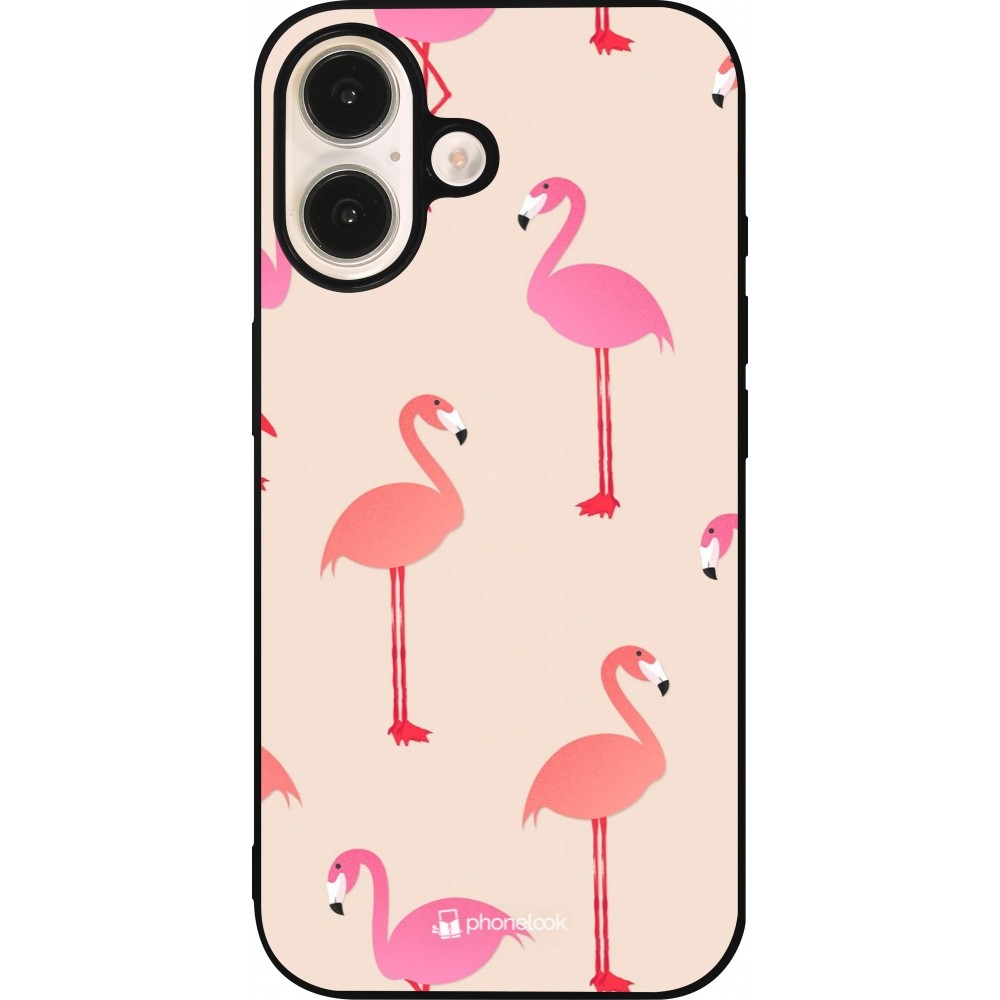 Coque iPhone 16 - Silicone rigide noir Pink Flamingos Pattern