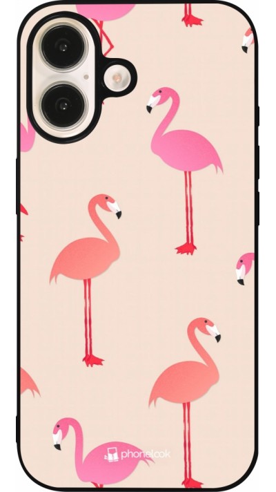 Coque iPhone 16 - Silicone rigide noir Pink Flamingos Pattern