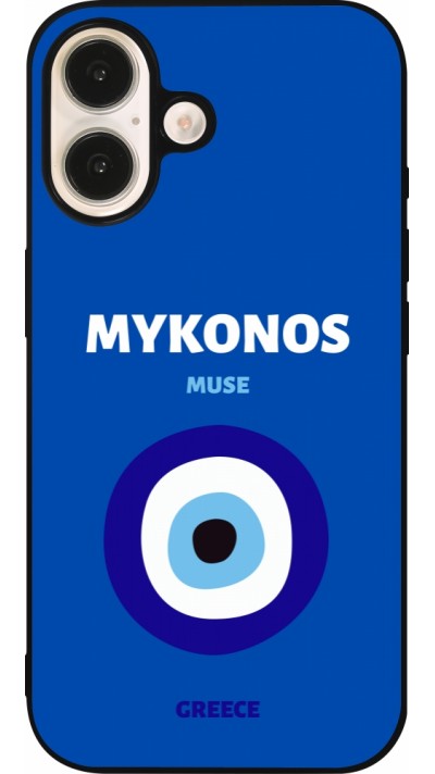 Coque iPhone 16 - Silicone rigide noir Pop Summer Destination Mykonos