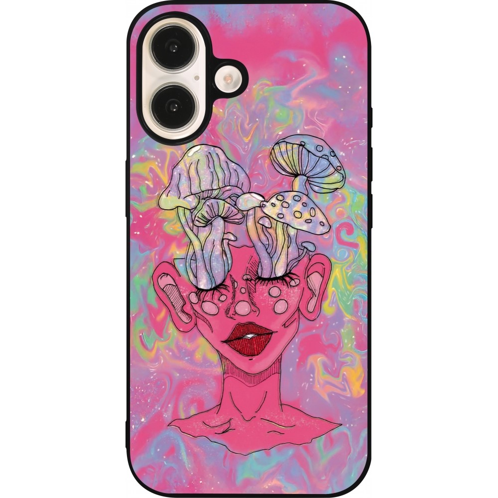 Coque iPhone 16 - Silicone rigide noir Psychedelic pink mushroom