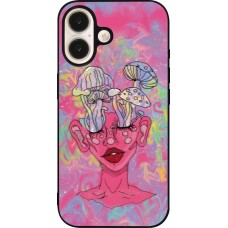 Coque iPhone 16 - Silicone rigide noir Psychedelic pink mushroom