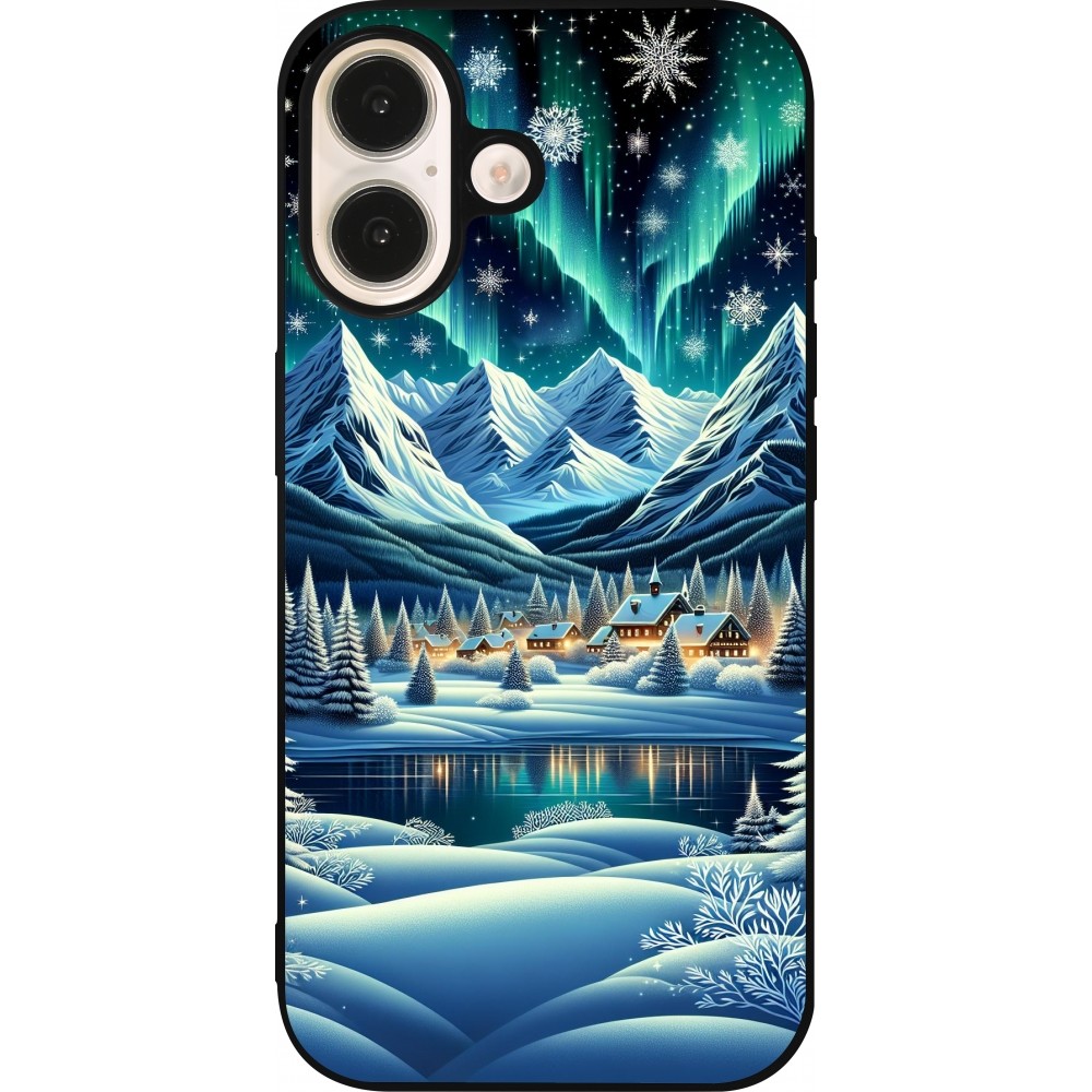 iPhone 16 Case Hülle - Silikon schwarz Verschneites Bergdorf am See in der Nacht