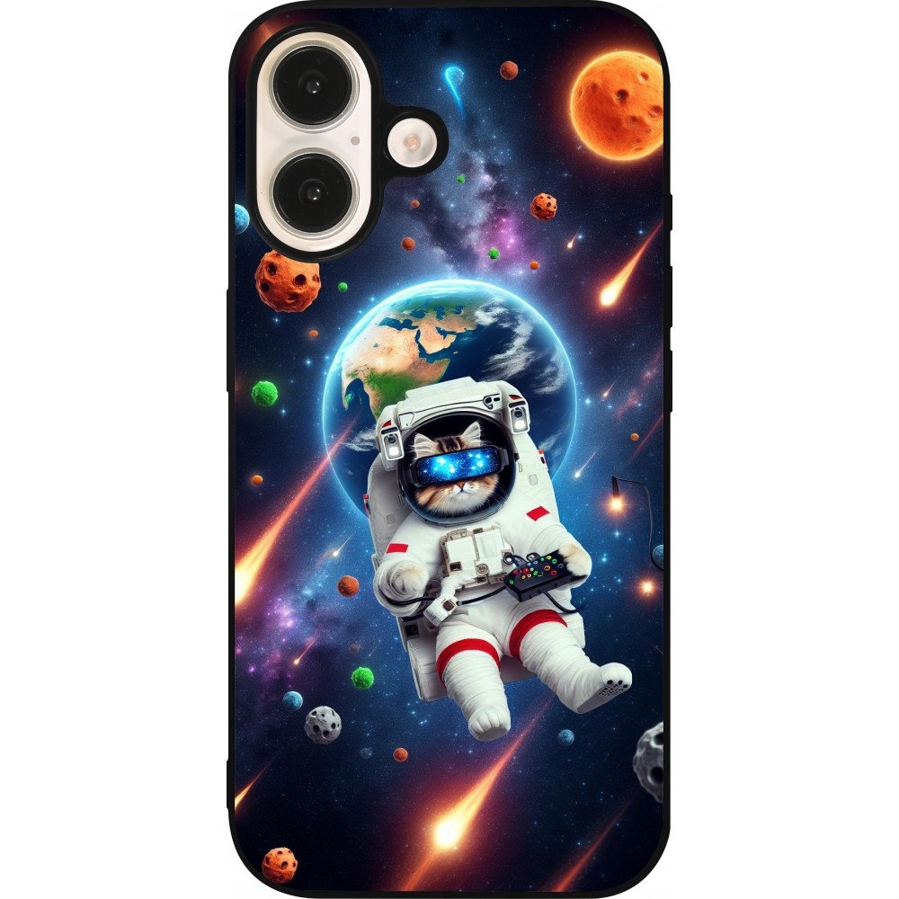 iPhone 16 Case Hülle - Silikon schwarz VR SpaceCat Odyssee