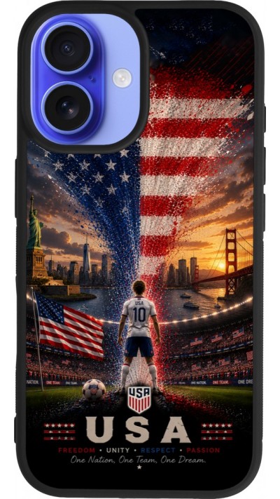 Coque iPhone 16 - Silicone rigide noir Football États-Unis splash 2026