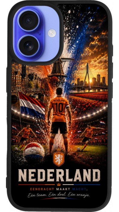 Coque iPhone 16 - Silicone rigide noir Football Pays-Bas splash 2026