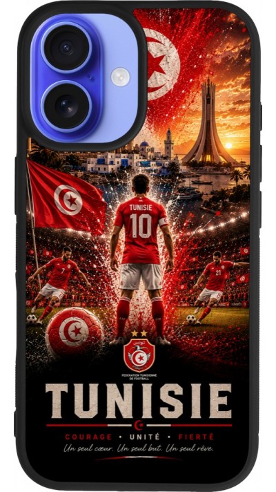 Coque iPhone 16 - Silicone rigide noir Football Tunisie splash 2026