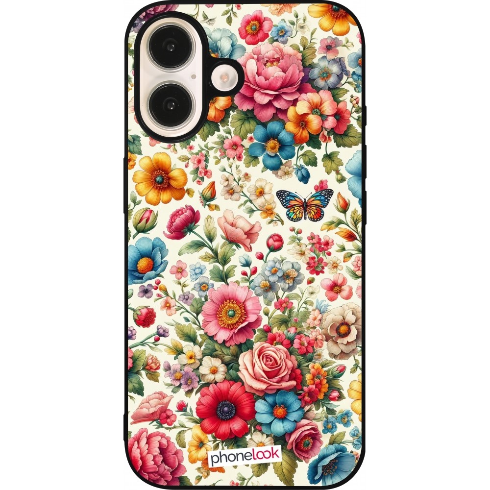 Coque iPhone 16 - Silicone rigide noir Spring 25 printemps fleuri