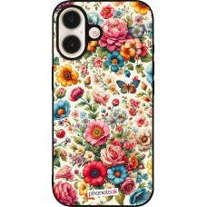 Coque iPhone 16 - Silicone rigide noir Spring 25 printemps fleuri