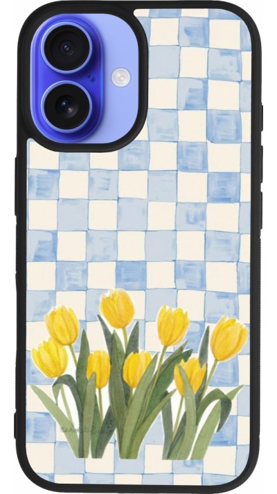Coque iPhone 16 - Silicone rigide noir Blue vichy tulips 2026