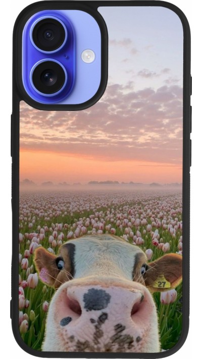 Coque iPhone 16 - Silicone rigide noir Cow with tulips 2026