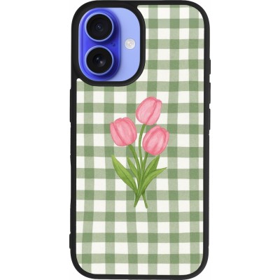 Coque iPhone 16 - Silicone rigide noir Green vichy tulips Spring 2026