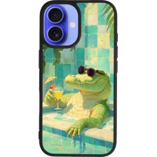 Coque iPhone 16 - Silicone rigide noir Crocodile in the swimming pool Summer 2026