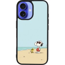 Coque iPhone 16 - Silicone rigide noir Snoopy on the beach Summer 2026