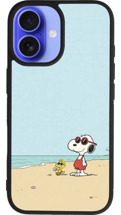 Coque iPhone 16 - Silicone rigide noir Snoopy on the beach Summer 2026