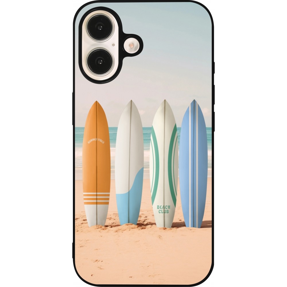 Coque iPhone 16 - Silicone rigide noir Summer surfboard 2025
