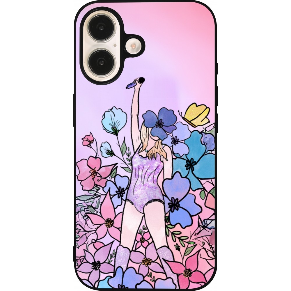 Coque iPhone 16 - Silicone rigide noir Taylor Swift Sketch - Pink