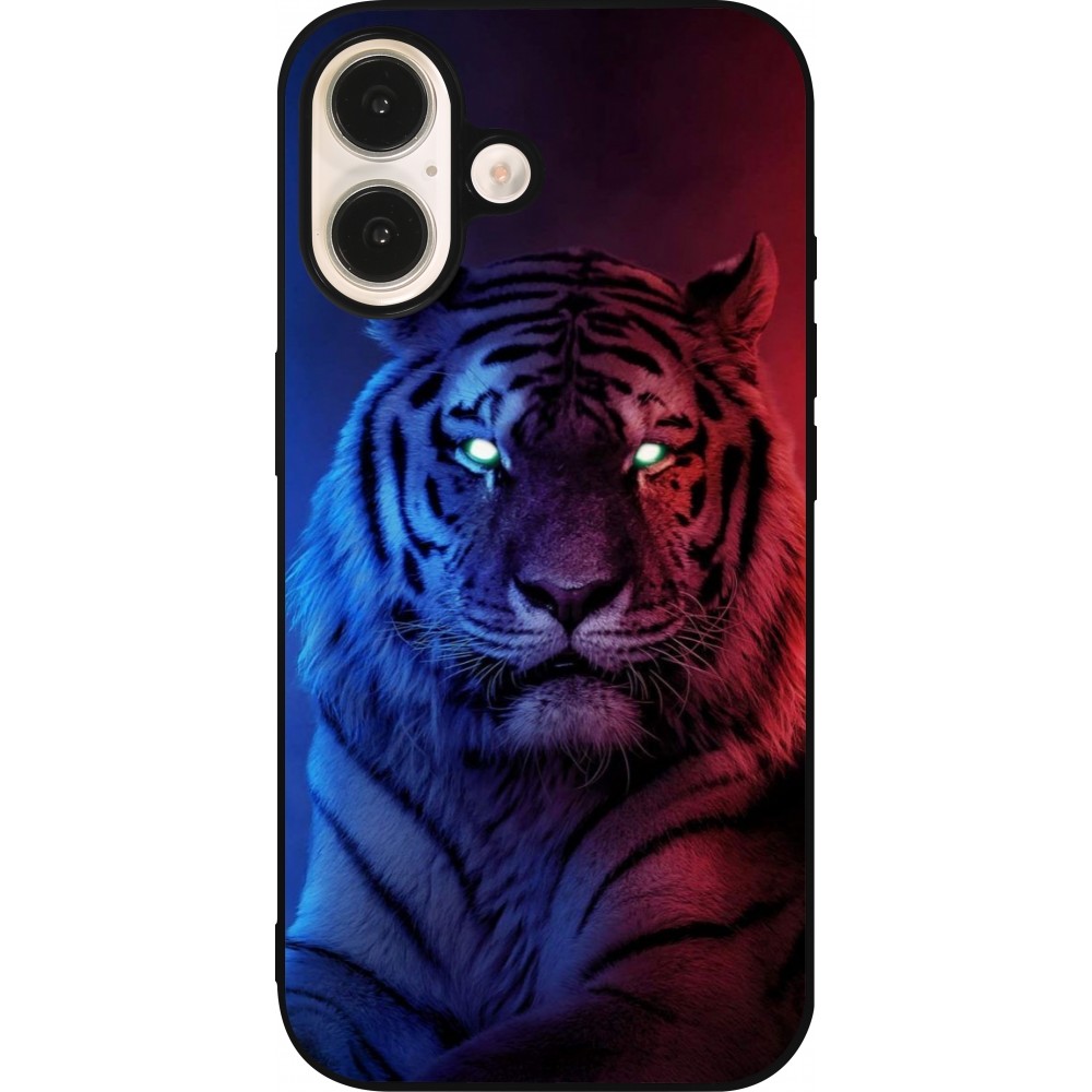 Coque iPhone 16 - Silicone rigide noir Tiger Blue Red