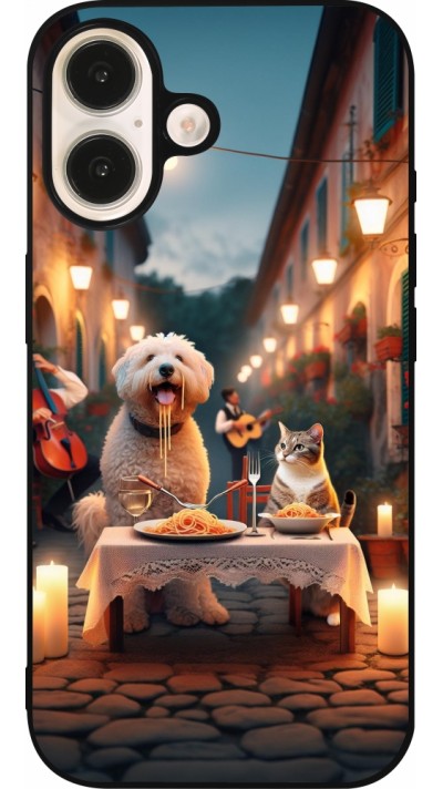 Coque iPhone 16 - Silicone rigide noir Valentine 2024 Dog & Cat Candlelight