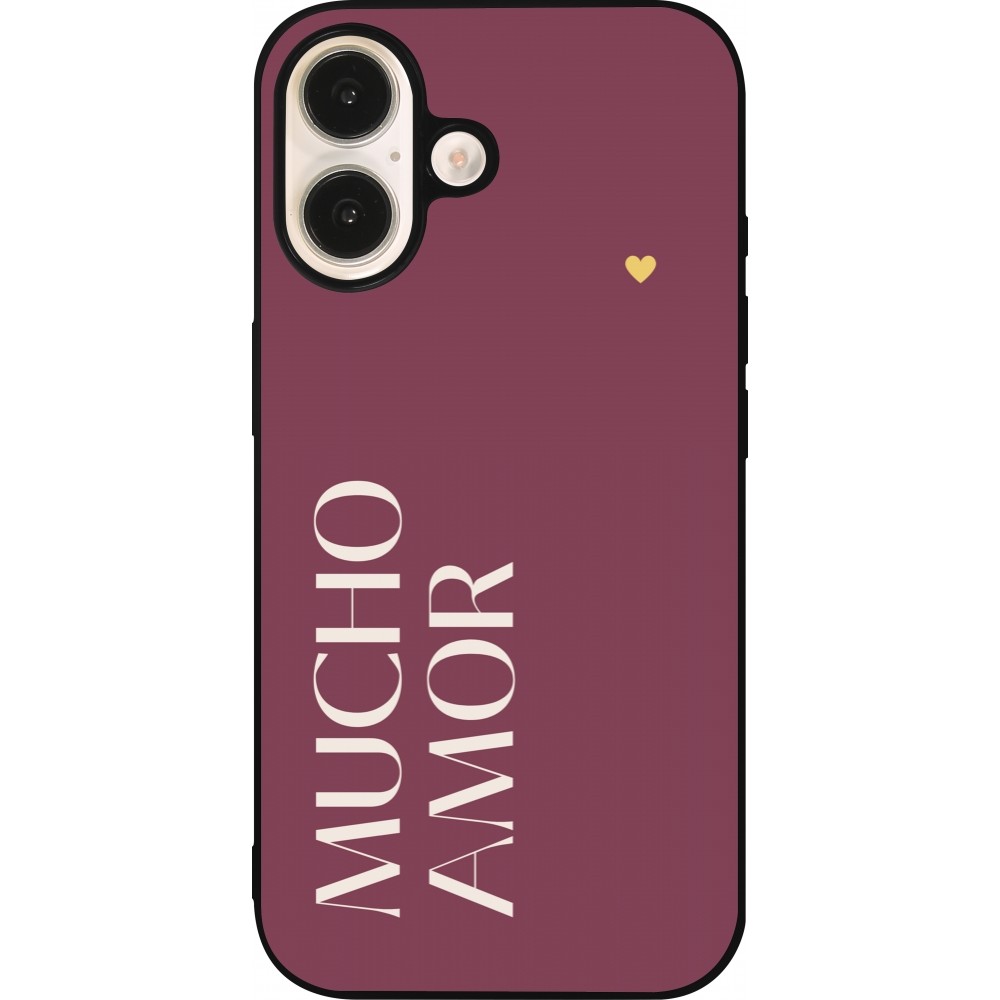 Coque iPhone 16 - Silicone rigide noir Valentine 2024 mucho amor rosado