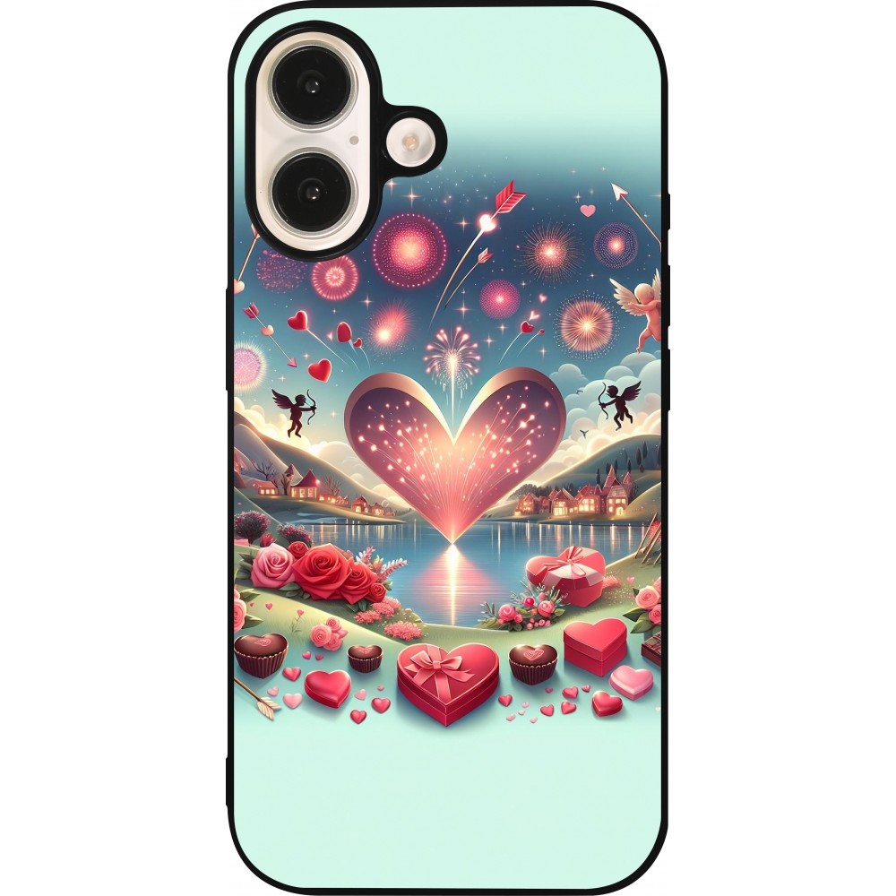 Coque iPhone 16 - Silicone rigide noir Valentine 2025 Chic