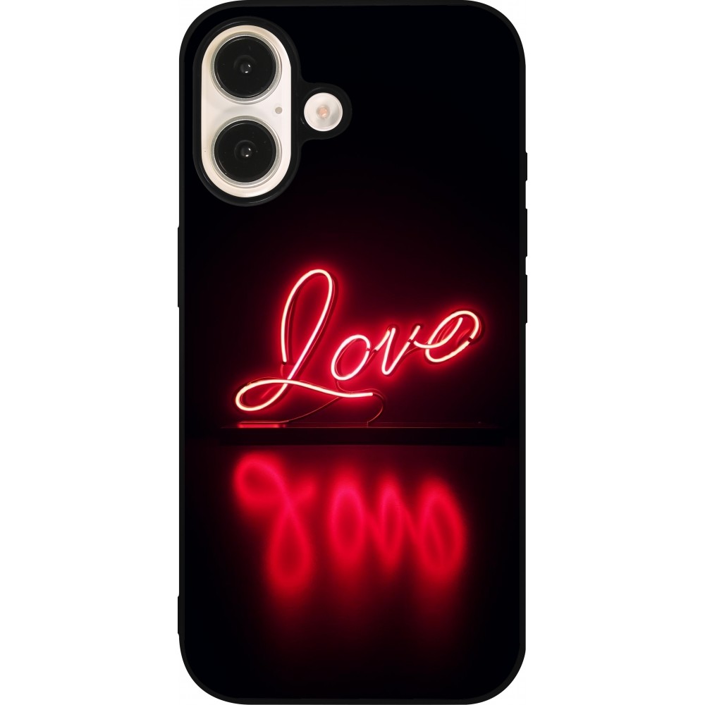 Coque iPhone 16 - Silicone rigide noir Valentine 2025 Neon Love