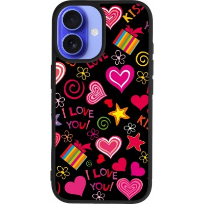 Coque iPhone 16 - Silicone rigide noir Valentine 2023 love symbols