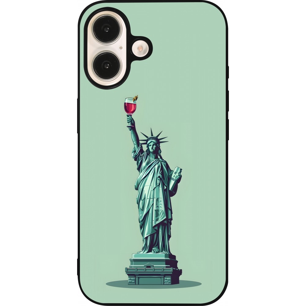 Coque iPhone 16 - Silicone rigide noir Wine Statue de la liberté avec un verre de vin