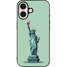 Coque iPhone 16 - Silicone rigide noir Wine Statue de la liberté avec un verre de vin