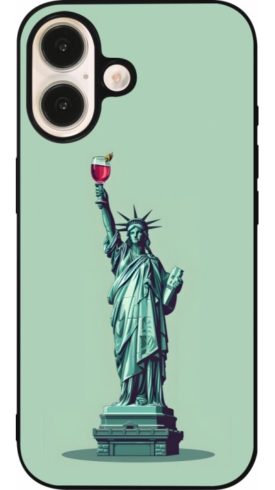 Coque iPhone 16 - Silicone rigide noir Wine Statue de la liberté avec un verre de vin