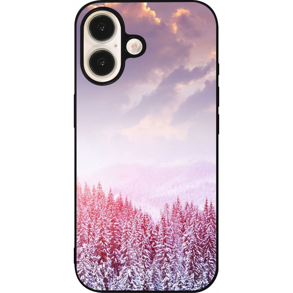 Coque iPhone 16 - Silicone rigide noir Winter 22 Pink Forest