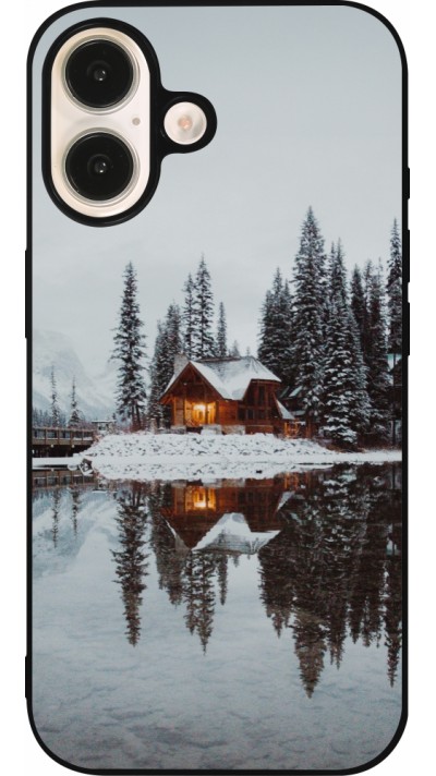 Coque iPhone 16 - Silicone rigide noir Winter 25 Winter house forest afternoon