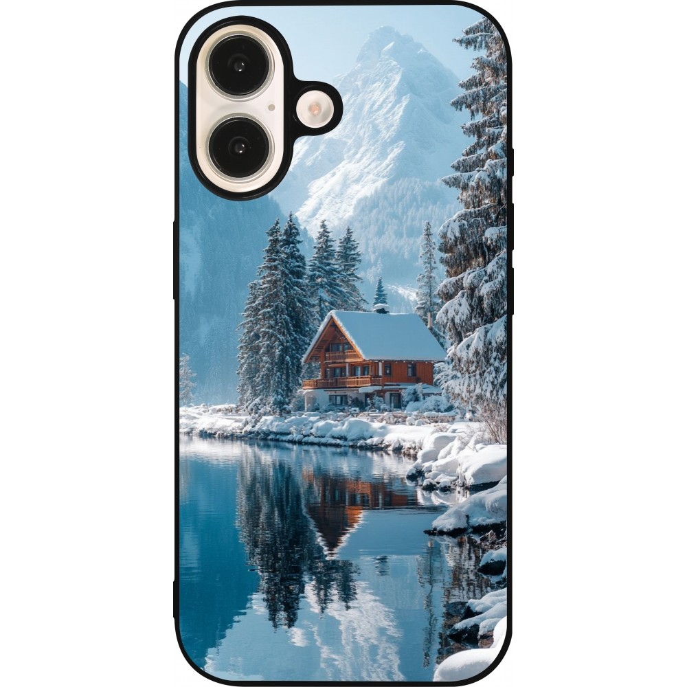 Coque iPhone 16 - Silicone rigide noir Winter 25 Winter house forest day