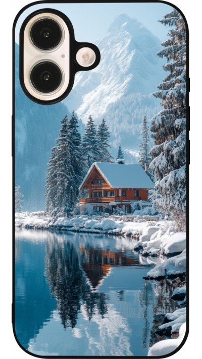 Coque iPhone 16 - Silicone rigide noir Winter 25 Winter house forest day